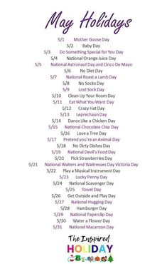 the holiday schedule for may holidays is shown in purple and green with colorful lettering on it