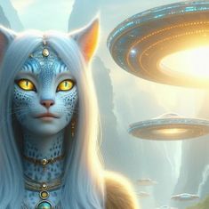 a cat that is standing in front of an alien ship with yellow eyes and long white hair