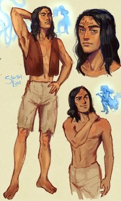 three different poses of a man with long hair and no shirt in front of him