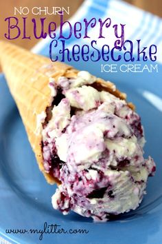 no churn blueberry cheesecake ice cream on a blue plate with text overlay