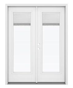 a white double door with blinds on the top and side panels, in front of a white background