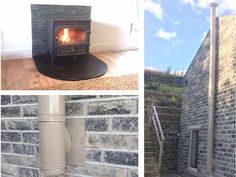 there are three pictures of a brick fireplace in the house and on the ground, with stairs leading up to it