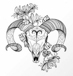 an animal skull with horns and flowers on it's head, drawn in black ink