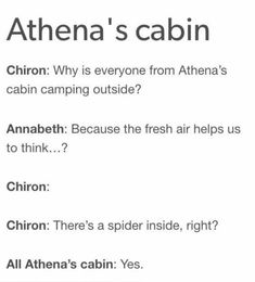 the text on the page says,'athena's cabin chiron why is everyone from athena's cabin camping outside?