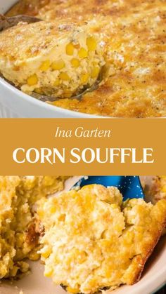 corn souffle in a white casserole dish