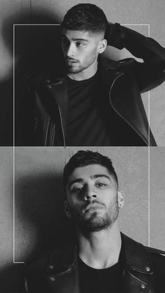 two men in black and white photos, one is wearing a leather jacket the other wears a t - shirt