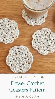 three crocheted coasters with the text free crochet flower coaster pattern