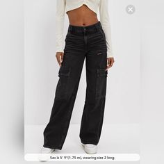 A High Rise & Wide Leg For A Cool, Slouchy Fit. Rigid | Classic Cotton Denim With No Stretch Cargo Pockets Black Wash Style: 0437-4471 | Color: 64 Materials & Care 3% Polyester, 97% Cotton Machine Wash Imported Nwt Never Worn! Purchased Too Small Size Is A 2 Long (32.5") Jeans American Eagle, American Eagle Jeans, Mens Outfitters, Wide Leg Denim, Colored Denim, American Eagle Outfitters Jeans, Cute Casual Outfits, Colored Jeans, Wide Leg Jeans