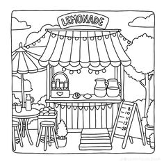 the lemonade stand with umbrellas and chairs in front of it is outlined on a white