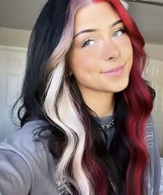 Fish Tail Braid Curly Hair, Brightly Colored Hair, Block Hair Coloring, Red And Black Hair Color Ideas, Edgy Hair Color Ideas For Brunettes, Creative Color Hair, Halo Hair Dye Style, Scene Hair Colors, Calico Hair