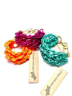 - Level Up your daily outfit with Bold Simple yet Colorful Bracelets - Handmade marine net bracelet giving vent to creativity and sunshine - By Corte Degli Aranci Italia Desginers in Sicily, Italy - Length: 8" Adjustable Chain Bracelet As Summer Gift, Adjustable Chain Bracelet Summer Gift, Adjustable Chain Bracelet For Summer Gift, Adjustable Summer Chain Bracelet, Adjustable Chain Bracelet For Summer, Adjustable Multicolor Chain Bracelet For Party, Adjustable Chain Bracelet For Beach, Adjustable Chain Bracelets For Summer, Trendy Adjustable Chain Bracelet For Beach