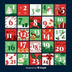 christmas themed calendars with numbers and symbols in different colors, including red green and white