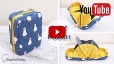 the video is showing how to make a toiletry bag with penguins on blue and yellow fabric