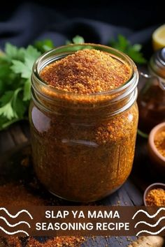 a jar filled with seasoning sitting on top of a wooden table