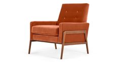 an orange upholstered chair with wooden legs and arm rests on a white background