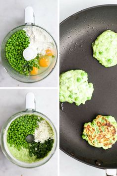 peas and other ingredients being made in a food processor for pea pies on a pan