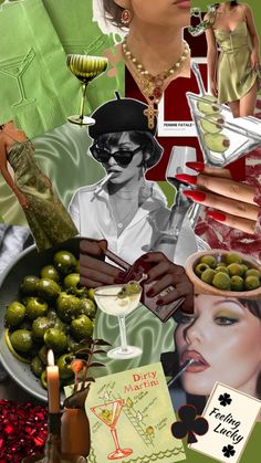 the collage shows many different items and people in their outfits, including olives