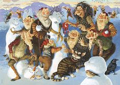 there are many cats and snowmen in this painting