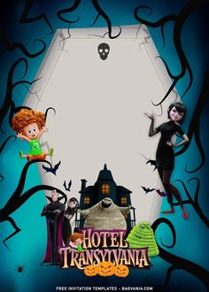 a poster for the hotel transaviana with two children in front of a ghost house