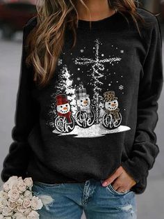 Black Casual Graphic Tops Round Neck Long Sleeve Snowman Printed Xmas Sweatshirts Graphic Tops, Sweatshirts Online, Women Hoodies Sweatshirts, Print Pullover, Christmas Snowman, Pullover Sweatshirts, Christmas Sweatshirts, Casual Sweatshirt, Long Sleeve Sweatshirts