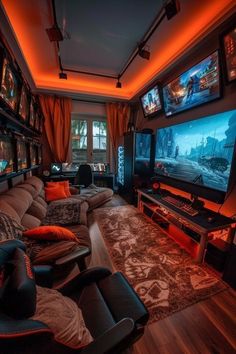 a living room filled with lots of furniture and flat screen tvs