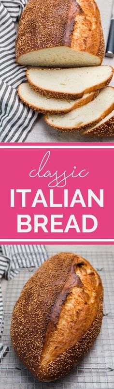 an italian bread is cut into slices and placed on a cutting board with the words basic italian bread