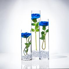 three vases filled with water and blue roses