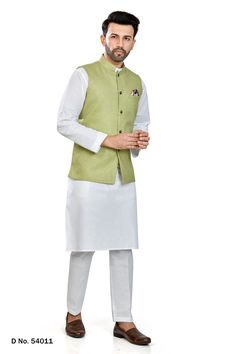 Materials Exclusive cotton linen kurta pajama with jacket Imported Fabric Style : Ethnic Mens Wear Top Details : Color - linen white kurta pajama , Fabric - linen kurta pajama with linen jacket Size are : Very Small - 34inch Small 36inch Medium - 38inch Large - 40inch X-Large - 42inch 2XLarge - 44inch 3XLarge - 46inch 4XLarge - 48inch 5XLarge - 50inch 6XLarge - 52inch Additional Information 1 : Mojris, Stoles, Turban & Other Accessories Are Not Sold Along With The Mens Wear. Additional Informati Festive Linen Kurta For Eid, Traditional Linen Kurta For Eid, Diwali Linen Straight Kurta, Traditional Linen Wear For Eid, Festive Linen Traditional Wear For Weddings, Green Cotton Nehru Jacket For Diwali, Pista Green Nehru Jacket For Festivals, Traditional Linen Wedding Wear, Pista Green Nehru Jacket With Dabka For Diwali