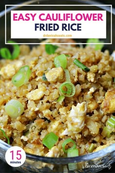 an easy cauliflower fried rice recipe in a glass bowl