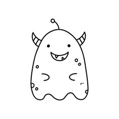 a black and white drawing of a monster with horns on it's head, smiling