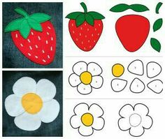 four pictures showing how to make felt flowers and strawberries for children's crafts