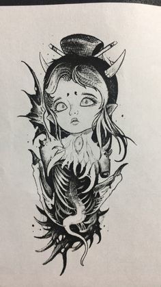 a black and white drawing of a girl with horns on her head holding a bird