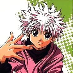 an anime character with white hair and black eyes holding his hand up to his ear