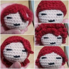 crocheted doll with red hair and black eyes is shown in four different pictures