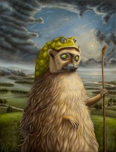 a painting of a monkey wearing a hat and holding a stick with green eyes on it