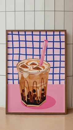 a painting of a coffee drink on a pink and blue checkered background with a straw in it