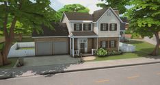 a rendering of a two story house in the middle of a street with trees on both sides