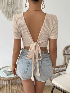 Apricot Casual,Sexy Collar Short Sleeve Polyester Plain  Embellished Slight Stretch  Women Clothing Backless Crop Top, Women T Shirts, Body Workout, Crew Neck Top, Knit Shorts, Crop Tshirt, Summer Tops, Waffle Knit, Online Fashion