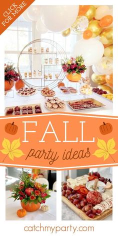 an orange and white fall party with lots of desserts