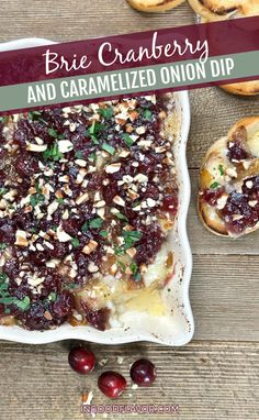 cranberry and caramelized onion dip in a white casserole dish