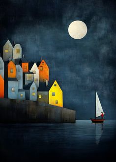 a painting of a boat on the water with houses in the background and a full moon