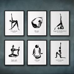 four black and white prints with woman doing yoga poses on the wall in front of a gray background