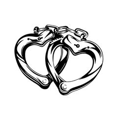 two horses in the shape of a heart with chains on their necks, black and white drawing