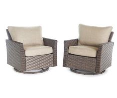 Sit back and relax in the great outdoors with the Autumn Cove patio glider set from Broyhill. Made with powder-coated steel frames and handwoven all-weather wicker, these chairs create a phenominal environment with their swivel and gliding function. Topped with plush olefin fabric cushions, these gliders are a fanastic way to enjoy the sunshine on the patio, deck or porch. Outdoor Glider Chair, Outdoor Glider, Sunroom Furniture, Patio Seating Sets, Patio Glider, Porch Furniture, Screened In Patio, Glider Chair, Swivel Glider