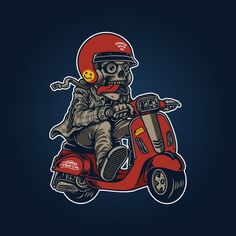 a skeleton riding on the back of a red scooter with helmet and goggles