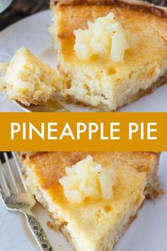 two slices of pineapple pie on a plate with a fork