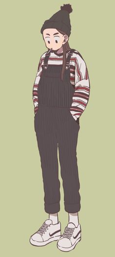 a drawing of a person wearing overalls and a beanie, standing in front of a green background