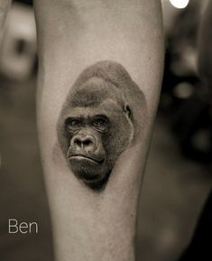 a black and white photo of a gorilla on the leg