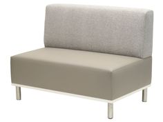 a gray and white couch with metal legs