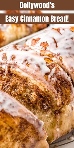 cinnamon roll with icing on top and the words, how to make an easy cinnamon bread